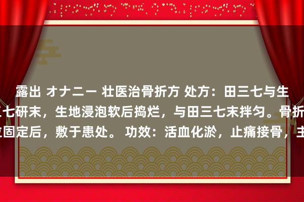 露出 オナニー 壮医治骨折方 处方：田三七与生地，以1;3的比例，田三七研末，生地浸泡软后捣烂，与田三七末拌匀。骨折复位固定后，敷于患处。 功效：活血化淤，止痛接骨，主治骨折，镇痛生骨的作用较好。